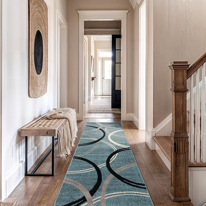 Rugshop Modern Wavy Circles Design Runner Rug, Non-Shedding Carpet for Hallway, Kitchen, or Entryway, Blue, 2'7" x 12'