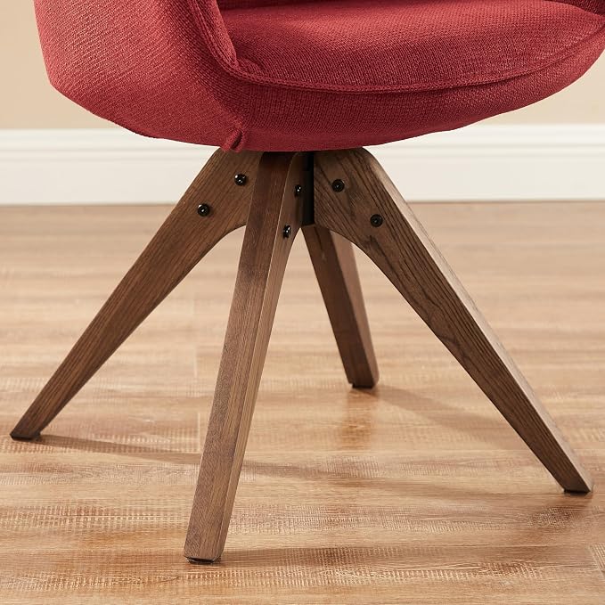 Art Leon Desk Chair No Wheels - Mid Century Modern Office Chair, Swivel Accent Chair with Oak Wood Legs, Fabric Upholstered Arm Chair, Red