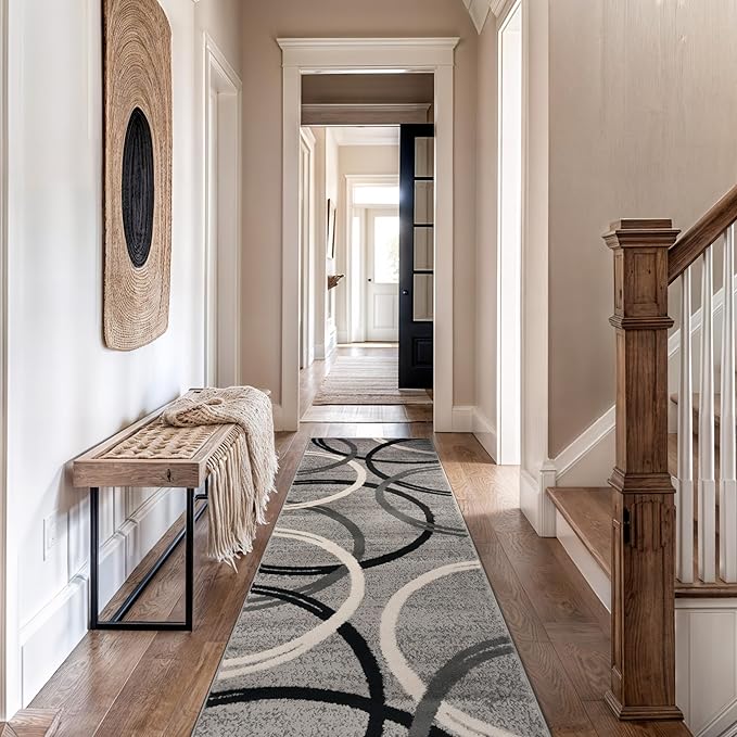 Rugshop Wavy Circles Design Runner Rug, Fade-Resistant Carpet for Hallway, Kitchen, or Entryway, Gray, 2' x 10'