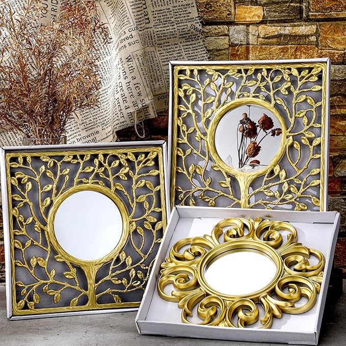 Fourluoo 3 Pack Gold Sunburst Mirrors for Wall Decor Circle Flowers Mirrors Decorative Gold Hanging Wall Art Flowers Mirror for Home Living Dinning Room Bedroom Bathroom Boho Decoration Art(Vintage)