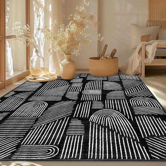 MUJOO 5x7 Washable Area Rug,Mid Century Modern Abstract Non Slip Low Pile Rug,Black and White Rug for Living Room Bedroom Dining Room
