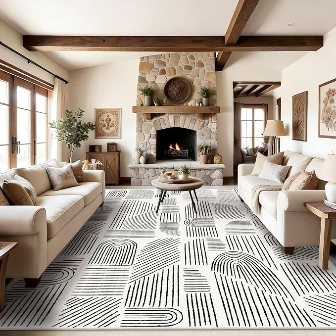 MUJOO 8x10 Washable Area Rug,Mid Century Modern Abstract Non Slip Low Pile Rug,White and Black Large Rug for Living Room Bedroom Dining Room