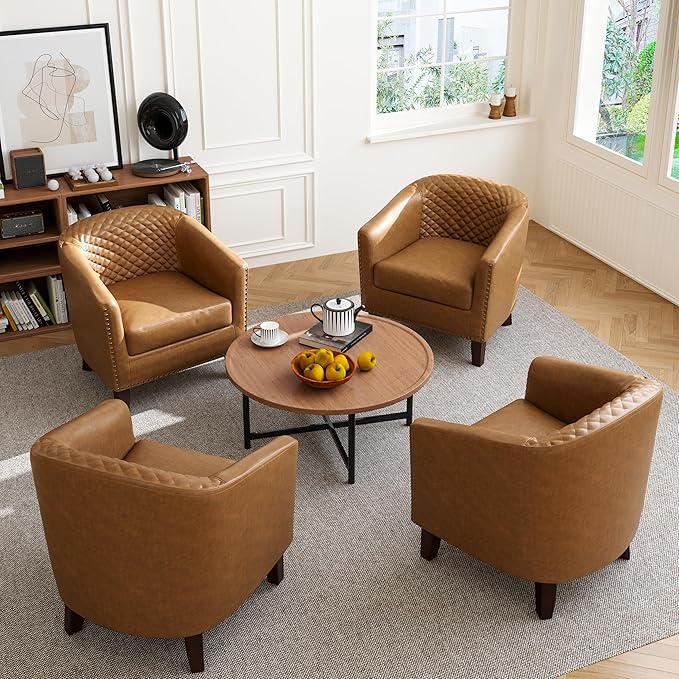 Accent Barrel Chair, Upholstered Faux Leather Club Chair with Nailed Trim, Comfy Reading Armchair for Living Room Bedroom Reception Room Office (Coffee, Set of 2)
