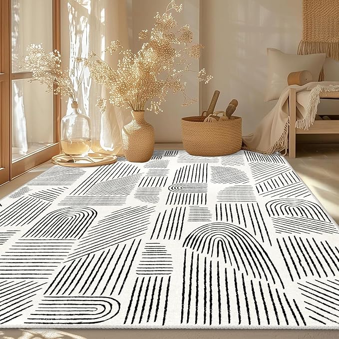 MUJOO 5x7 Washable Area Rug,Mid Century Modern Abstract Non Slip Low Pile Rug,White and Black Rug for Living Room Bedroom Dining Room