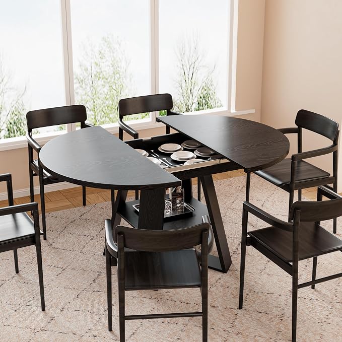 43.3in-59in Extendable Round Dining Table for 2-8,Modern Kitchen Oval Dining Table with Removable Leaves Space Saving,Wood Base with Storage Shelf for Kitchen Living Room (Black Style 3)