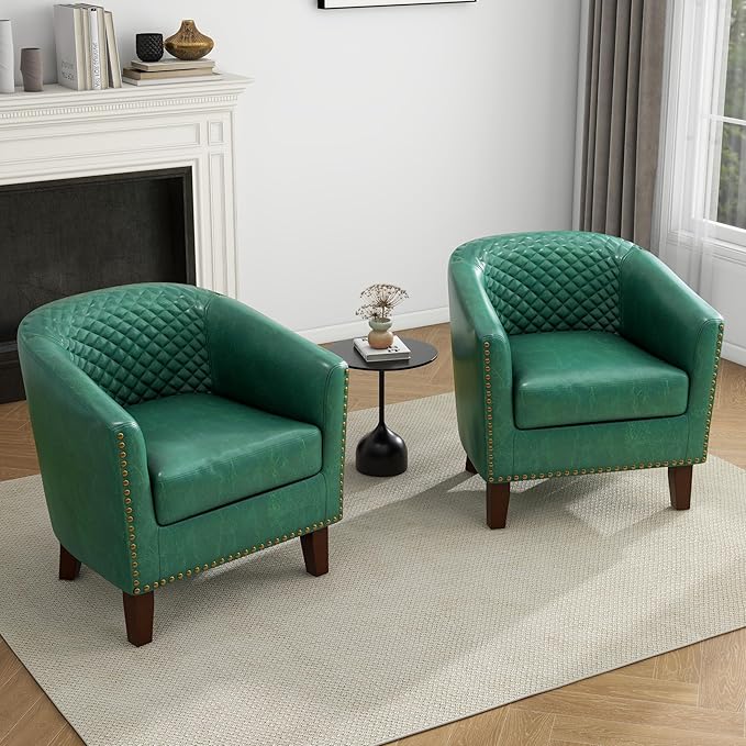 UIXE Faux Leather Barrel Accent Chairs Set of 4, Modern Club Upholstered Arm Chair, Comfy Armchair Nailed Trim Living Room Single Sofa Reading Seat Bedroom Side Sitting for Office, Green