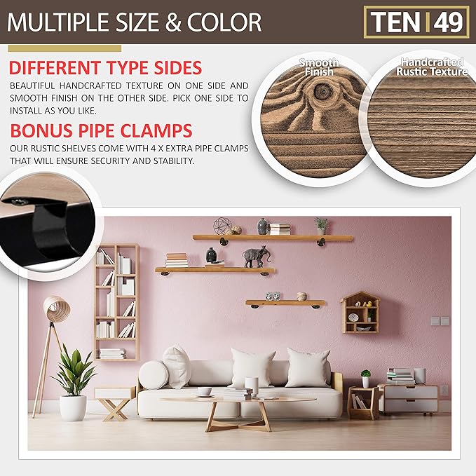 TEN49 Industrial Pipe Wood Wall Shelf - 36" Espresso Real Wooden Shelving - Modern Interior Decor Floating Shelves w/Iron Pipe Brackets - Rustic Farmhouse Style Bookshelf - Set of 2
