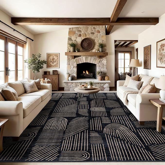 MUJOO 8x10 Washable Area Rug,Mid Century Modern Abstract Non Slip Low Pile Rug,Black and Gold Large Rug for Living Room Bedroom Dining Room