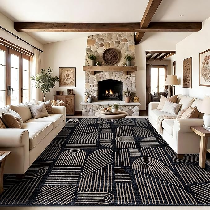 MUJOO 8x10 Washable Area Rug,Mid Century Modern Abstract Non Slip Low Pile Rug,Black and Gold Large Rug for Living Room Bedroom Dining Room