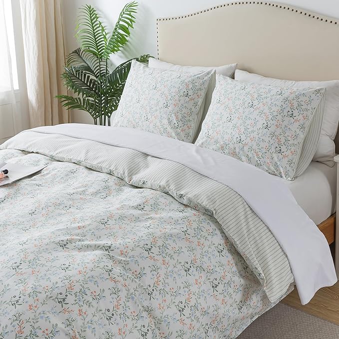HoneiLife Botanical Duvet Cover King - 100% Cotton Comforter Cover Sets, Floral Duvet Cover Sets, Wildflower Bedlinen Set for King Beds