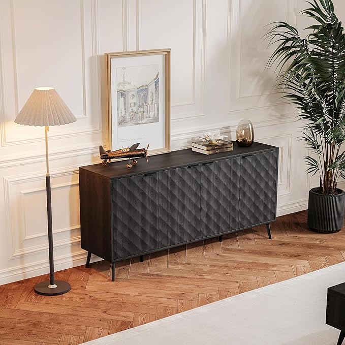 62'' Diamond Flute Sideboard Buffet Cabinet, Diamond Shaped Relief Storage Cabinet with Adjustable Shelves, Accent for Living Room, Entryway,Hallway (Advanced Black Wood Grain)