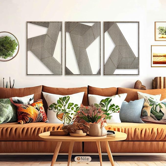 Line Art Wood Wall Decor, Large Geometric Wooden Wall Art, Mid Century Modern Minimalist Triptych, Abstract Architectural Wall Panels for Living Room and Bedroom