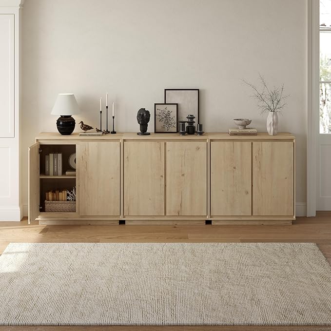 3pcs Sideboard Cabinet Buffet Cabinet with Storage with Adjustable Shelves and Handle-Free Design Suitable for Kitchens,Hallway,and Living Rooms Light Oak