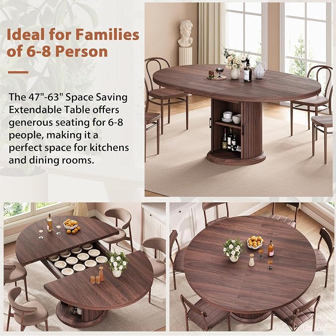Jocoevol 47β³β63β³ Extendable Round Dining Table for 4β8 with Dust-Proof 2-Tier Storage Shelf Space-Saving Expandable Dining Room Table Wood Oval Circle Dining Table with Pedestal Base (Walnut)