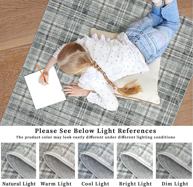 Washable Rugs 4x6 Rug for Living Room Modern Plaid Rugs for Bedroom Tartan Farmhouse Non Slip Entryway Rug Soft Stain Resistant Carpet for Nursery Entrance Dining Room 4'x6' Greenish Grey