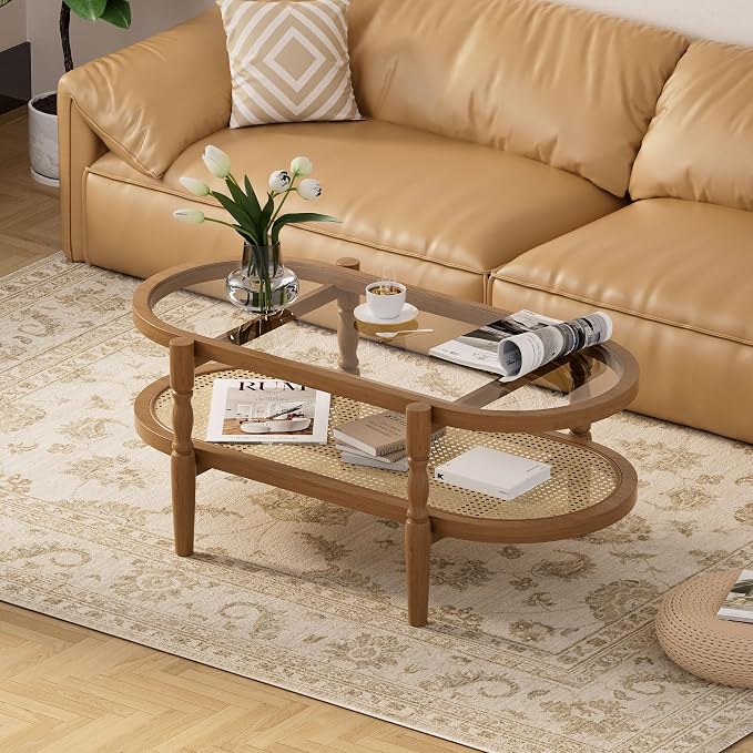 Rattan Coffee Table, Oval Cocktail Table with Glass Top and Solid Wood Frame, Boho Indoor & Outdoor Coffee Table, Brown, 40 in