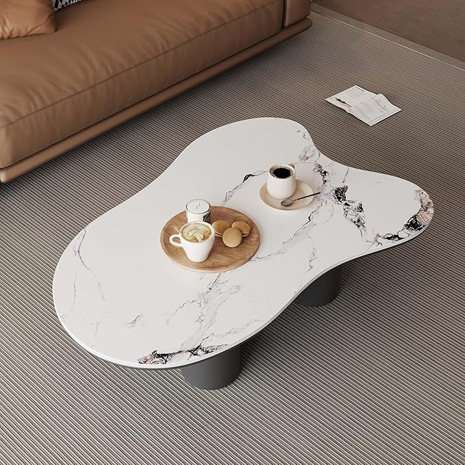 Cloud Coffee Table, Irregular Indoor Tea Table for Living Room, 48.4" Modern Home Sintered Stone End Table with 4 Black Legs