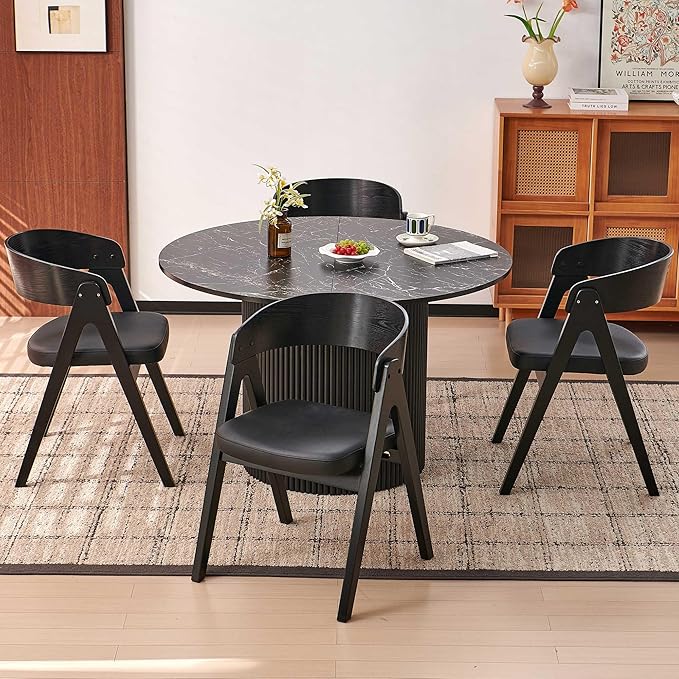 Howtek 47″ Round Dining Table Set for 4-6 People, 5 Piece Modern Kitchen Table with Faux Black Marble Wood Grain Finish & 4 PU Leather Upholstered Dining Chairs(Curved Backrest & Solid Wood Legs )