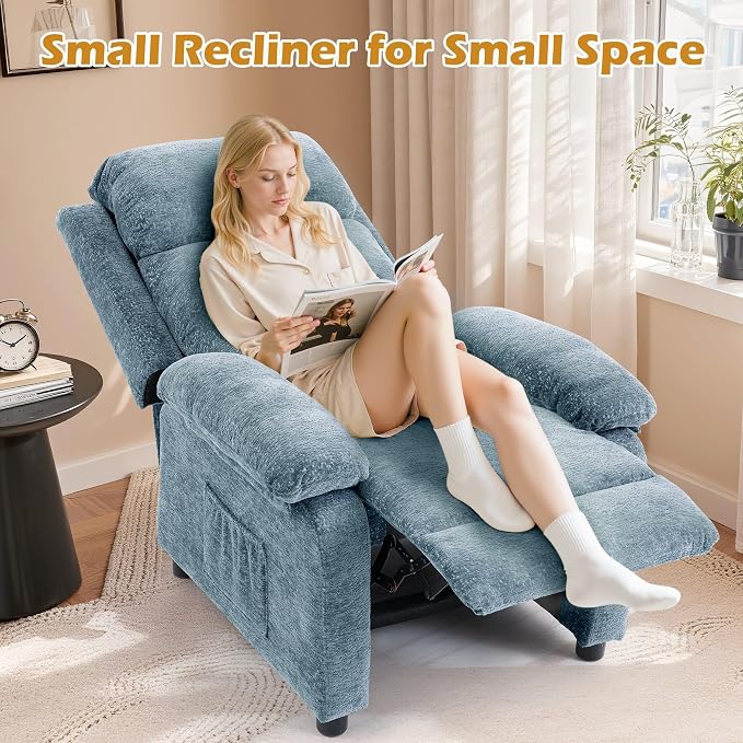 Korser Recliner Chair, Living Room Chairs for Adults, Padded Deep Seat Reading Chair with Side Pockets, Small Recliners for Small Spaces, Lounge Chair for Living Room, Bedroom, and RV (Chenille)