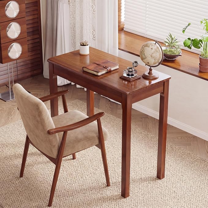 Wood Desk with Drawers - Solid Wood Mid Century Modern Desks for Bedroom, Small Computer Desk for Laptop, Study, Makeup, 31.5 W x 29.5 H x 15.7 D in, Walnut Color