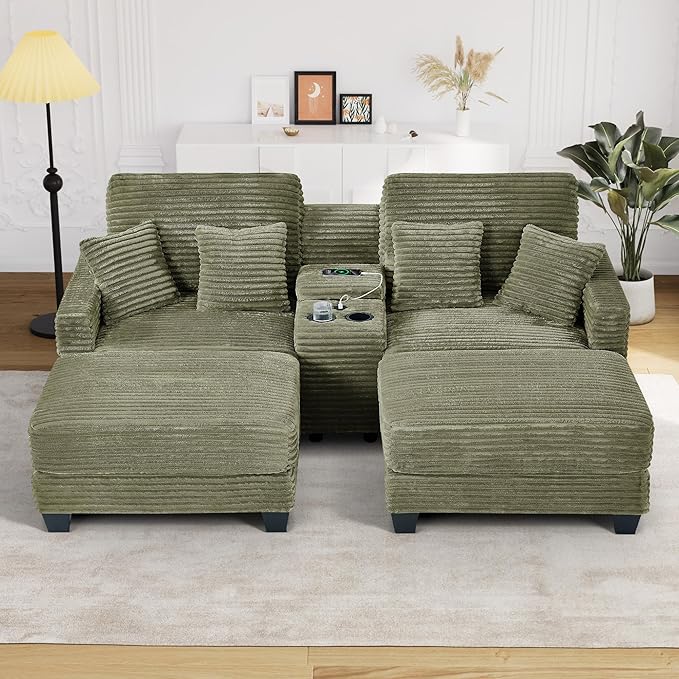 Oversized Chaise Lounge Chair Indoor with Storage & USB, Cup Holder & Ottoman, Firm Solid Wood Frame with Long Service Life Corduroy Oversized Lounge Reading Chair for Large Study Room - Olive Green