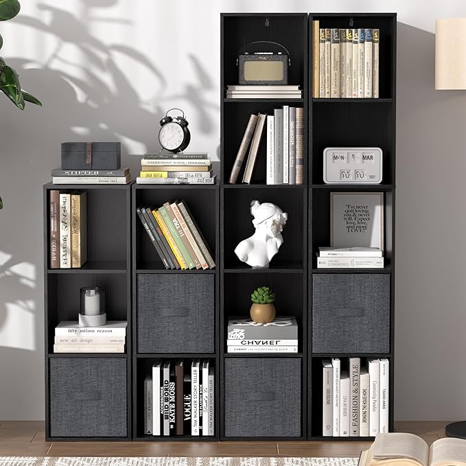 5 Cube Storage Organizer, 5 Tier Cube Low Bookcase Freestanding Storage Display Organizer, Five-Cubes Open Shelf Bookshelf for Home Office (Black, 5-Cube)