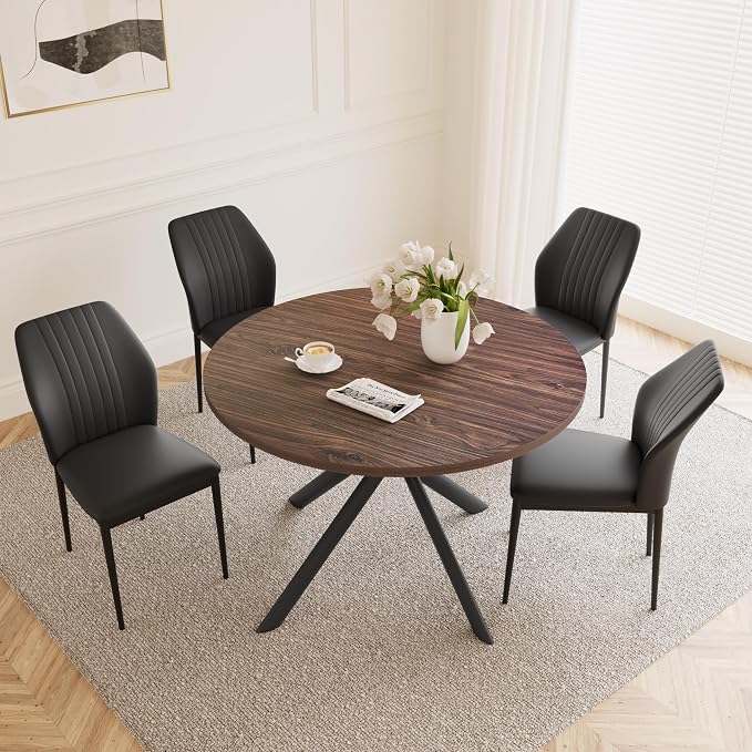 HIPIHOM 45.3'' Walnut Round Dining Table Set for 4, Mid Century Modern Small Coffee Set for Dining Room Kitchen Apartment (Dark Walnut Table + 4 Black Chairs)