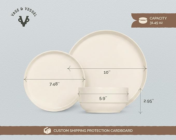Vase and Vessel Ceramic Dinnerware Set, 12-Piece Service for 4, Soup Bowls (25 oz), Salad Plates (7.5"), Dinner Plates (10"), Round, Microwave and Dishwasher Safe, Ivory, Cambridge Classics