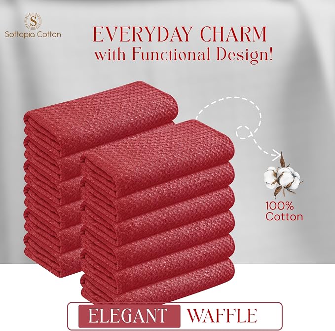 Red Waffle Kitchen Dish Towels, 100% Cotton, Quick Dry, Super Absorbent, Soft, Lint-Free, 16x26 Inches - Ideal for Dish Drying, Bar, Tea, Cleaning, and Everyday Use, 12 Pack