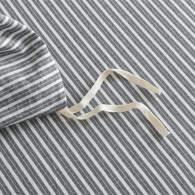 JIYUAN 100% Washed Cotton Striped Duvet Cover Set 3 Pieces Queen, 1 Duvet Cover and 2 Pillowcases(Comforter Not Included),Linen Like Comfy and Breathable,Pinstripes-Heathered Dark Grey White