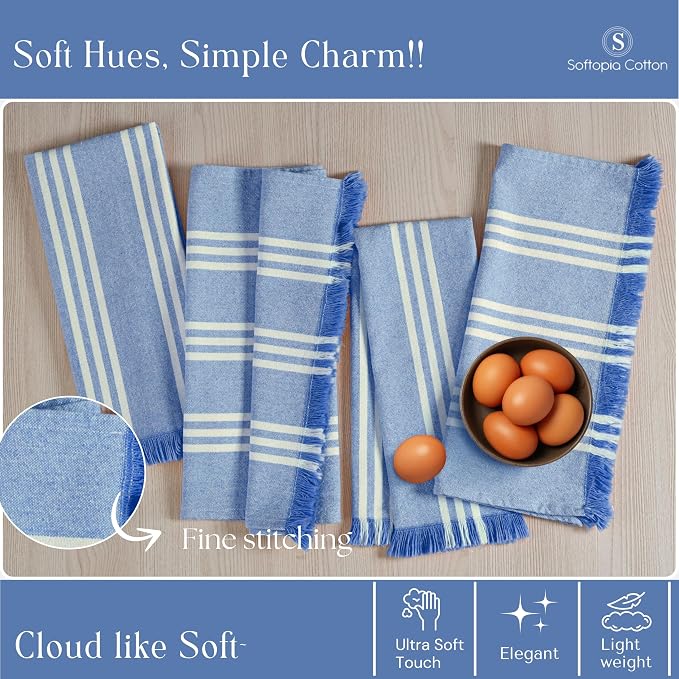 Stripe Kitchen Dish Towels 4 Pack, 16x26 Inches, 100% Cotton Tea Towels, Quick Dry Wash Rags, Reusable and Washable Dishcloths, Absorbent Hand Towel for Everyday Use - Sky Blue