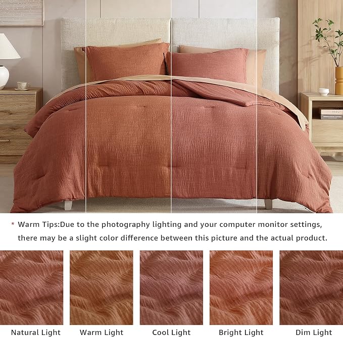 Geniospin King Size Comforter Set- 7 Pieces Terracotta Textured King Bedding Set, Soft Solid Bed in a Bag for All Seasons, Fall Comforter Set with Sheets