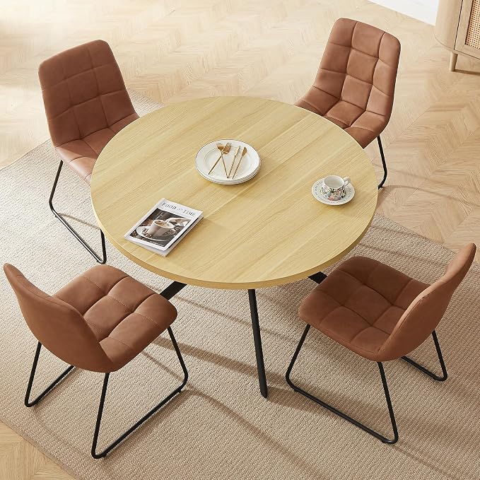HIPIHOM 45.3 Inch Round Dining Table Set for 4, Mid Century Modern Small Kitchen Coffee Set for Dining Room Kitchen Apartment (Cream Table + 4 U-Shaped Brown Chairs)
