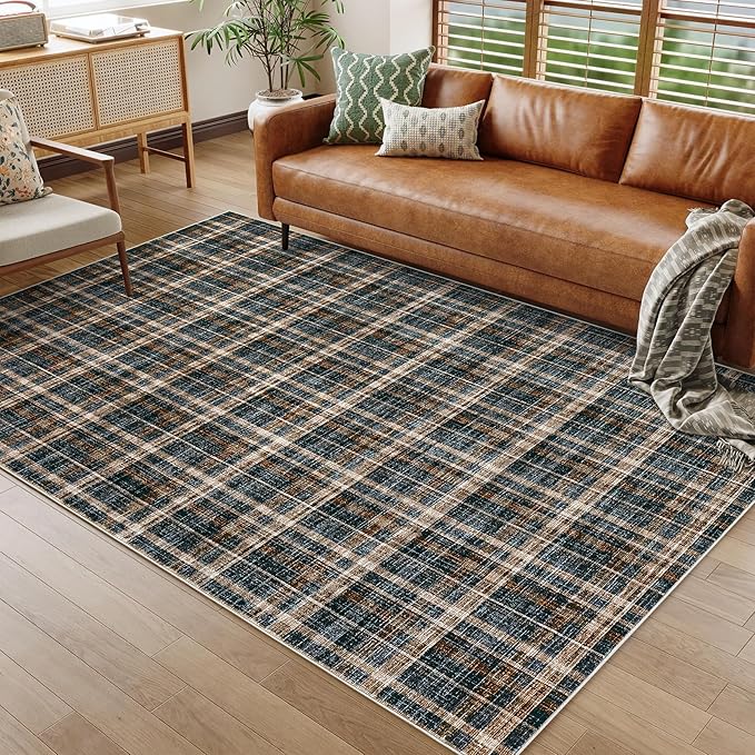 9x12 Area Rug Washable Rugs for Bedroom Large Living Room Rug Non Slip Farmhouse Stain Resistant Floor Carpet for Dining Room Home Office Decor, Black&Brown