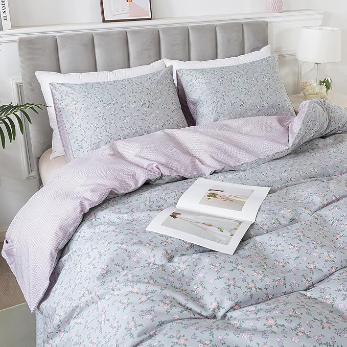 HoneiLife Floral Duvet Cover King - 100% Cotton Comforter Cover, Botanical Bedlinen Set with Zipper Closure & Corner Ties, 3-PC Wildflower Comforter Cover Sets