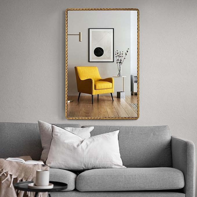 24"x36"Antique Gold Rounded Rectangle Bathroom Mirror, Hammered Metal Frame Wall Mirror, Vintage Decorative Gold Vanity Mirror for Bathroom Over Sink, Horizontal or Vertical Hanging