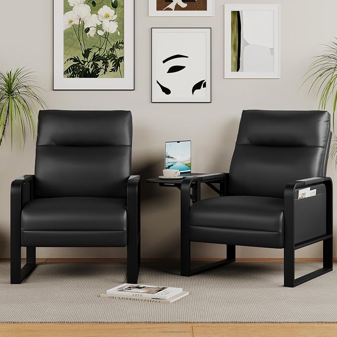 Alunaune Upholstered Living Room Chair Armchair Set of 2, Mid Century Faux Leather Metal Accent Chair, Reception Couch Slipper Club Lounge Chair Guest Comfy Single Sofa with Sidetable-Black