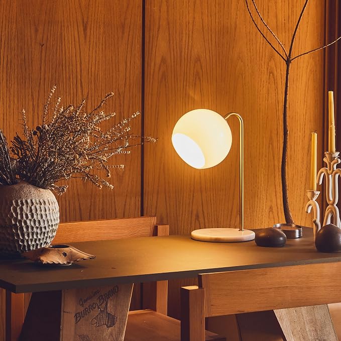 Brightech Krystal LED Table Lamp, Frosted Glass Globe Arcing Living Room Lamp, Mid-Century Modern Standing Lamp for Living Rooms, Boho Rustic Indoor Table Lamp for Bedrooms & Offices - Brass