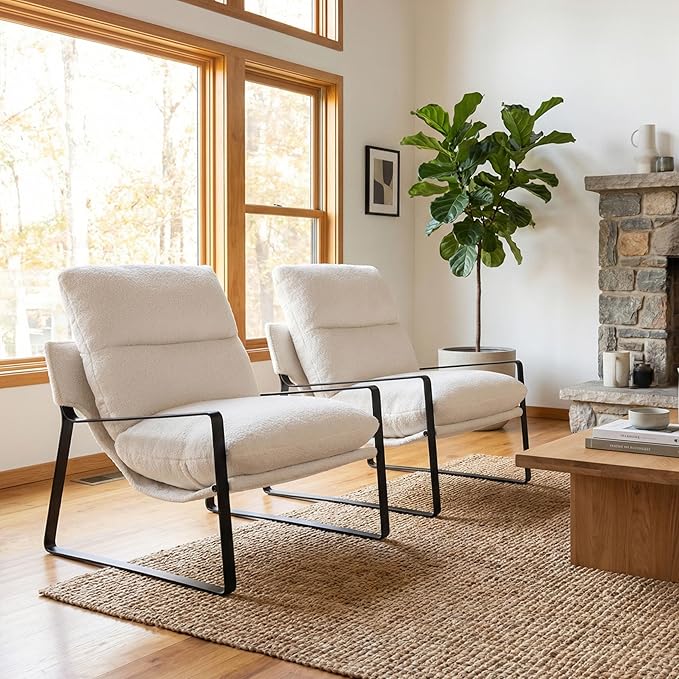 LukeAlon Modern Sherpa Accent Armchairs Set of 2, Upholstered Living Room Chairs with Metal Base Thickened Cushion Single Sofa Chairs Comfy Lounge Chairs for Bedroom Living Room, White