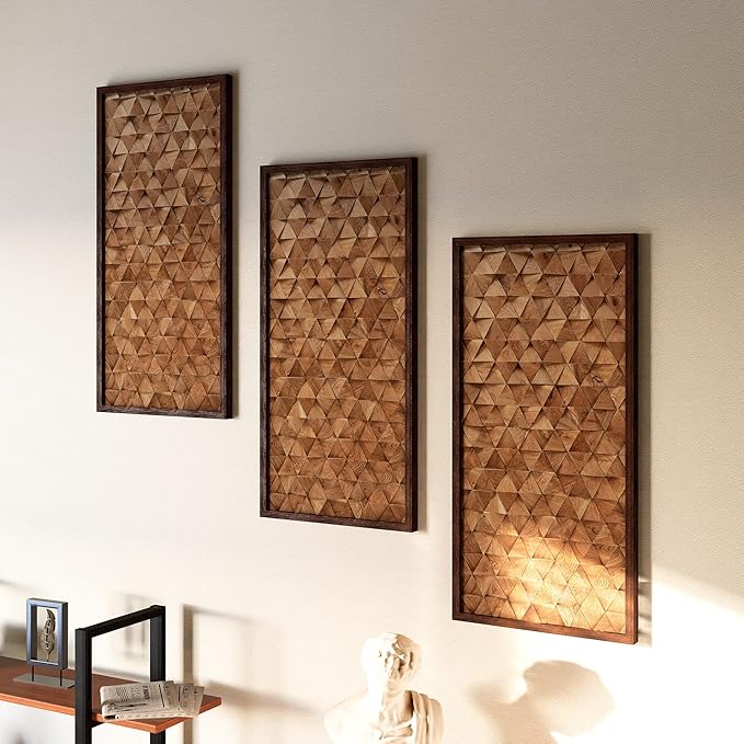 CONSDAN Wood Wall Decor | USA Grown Hardwood, Rustic Wooden Wall Art, Home Decorations for Living Room and Bedroom Aesthetic, Framed and Ready to Hang, Triangle, 36" x 18"