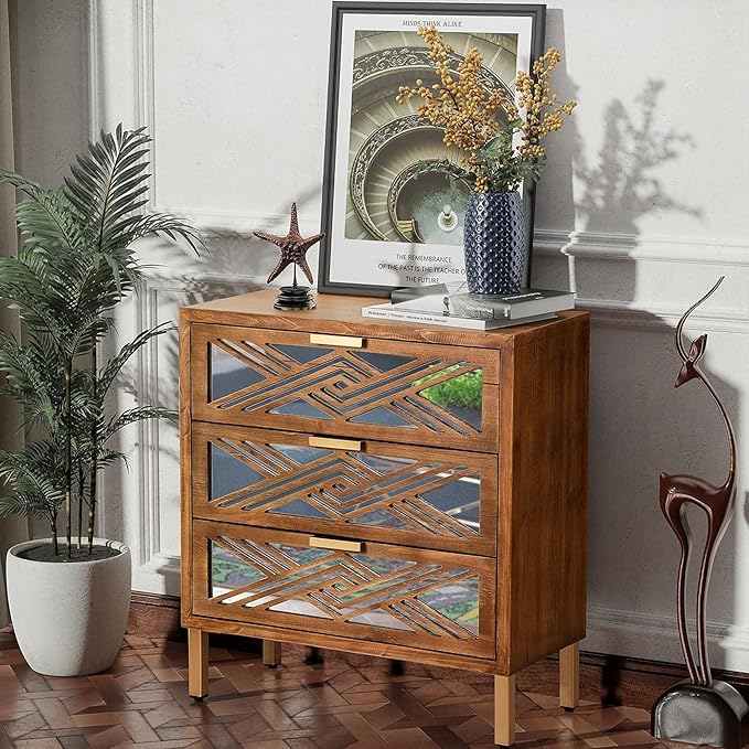 COZAYH 3-Drawer Accent Dresser, Geometric Mirror Front Drawer Organizer Chest with Metal Handles & Legs - Modern Living Room, Entryway, or Bedroom Furniture