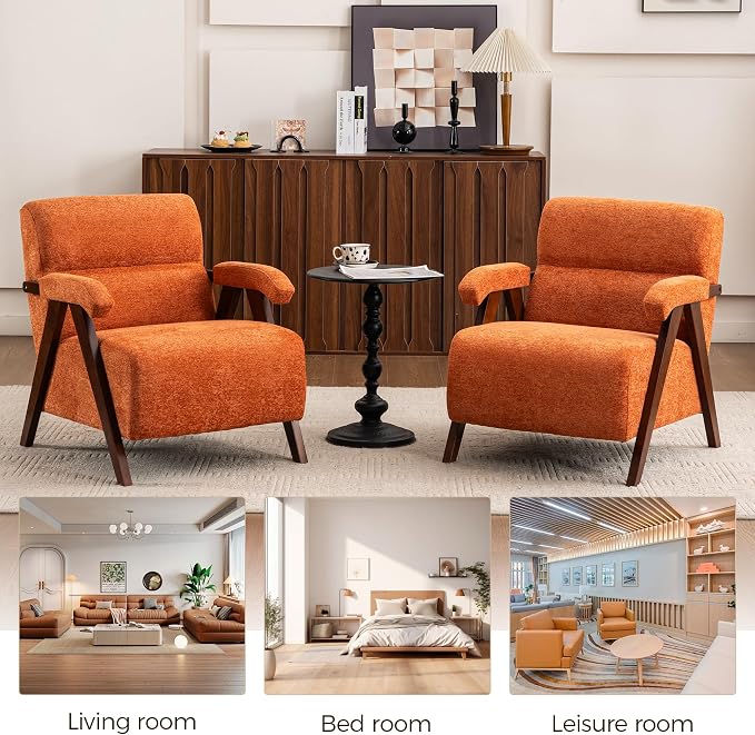 Accent Chair Mid Century Modern Living Room Chairs with Thick Cushion Comfy Upholstered Armchair Cozy Small Side Chairs for Reading Room Bedroom Orange