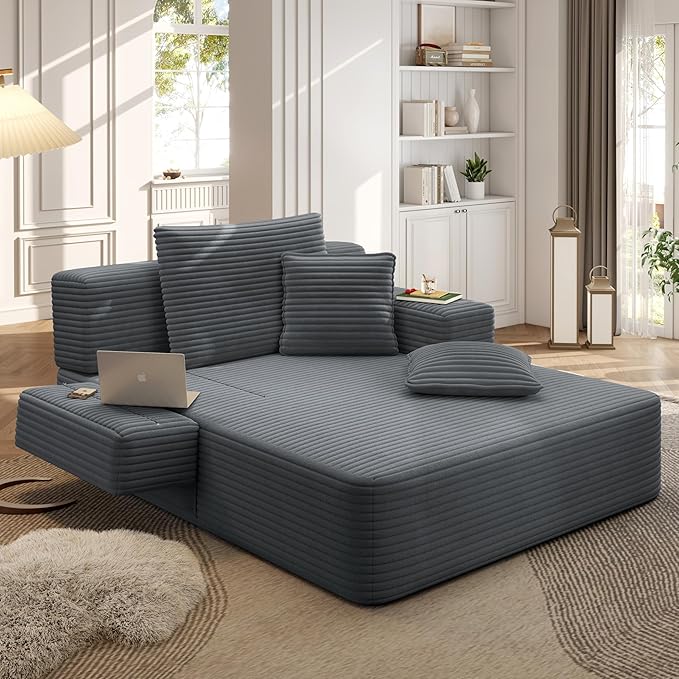 48.5" Oversized Chaise Lounge Chair Indoor, 3-in-1 Convertible Sleeper Sofa Bed, Plush Corduroy Boneless Chaise with 3 Pillows & Side Pockets, Adjustable Back/Armrest for Living Room - Dark Grey