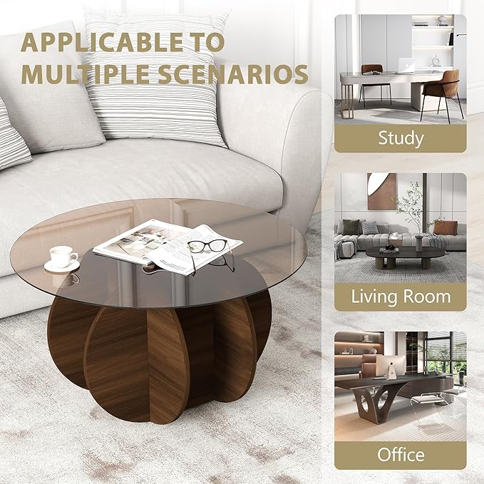 Glass Coffee Table, Round Coffee Table with Petal-Inspired Base, Modern Minimalist Coffee Table for Decoration, Brown Coffee Tables for Living Room, Study Room, Office