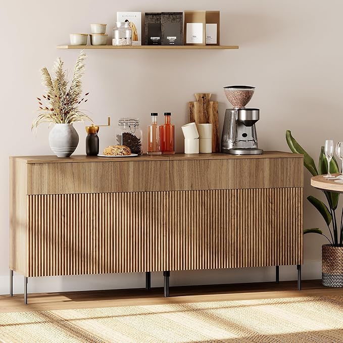 WAMPAT 63" W Large Sideboard Buffet Cabinet with Storage, 2 in 1 Fluted Sideboard Buffet with 4 Doors, Wooden Buffet Table, Coffee Bar Wine Bar Cabinet for Dining Room, Living Room, Light Walnut