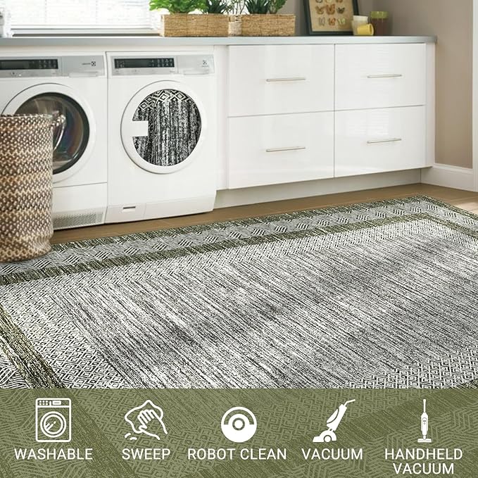 GarveeHome Washable 2.5x10 Kitchen Runner Rug, Easy Clean Geometri Rugs for Hallway Entryway, Indoor Outdoor Non Slip Rug Farmhouse Morden Carpet Door Mat Area Rug for Laundry Room Green