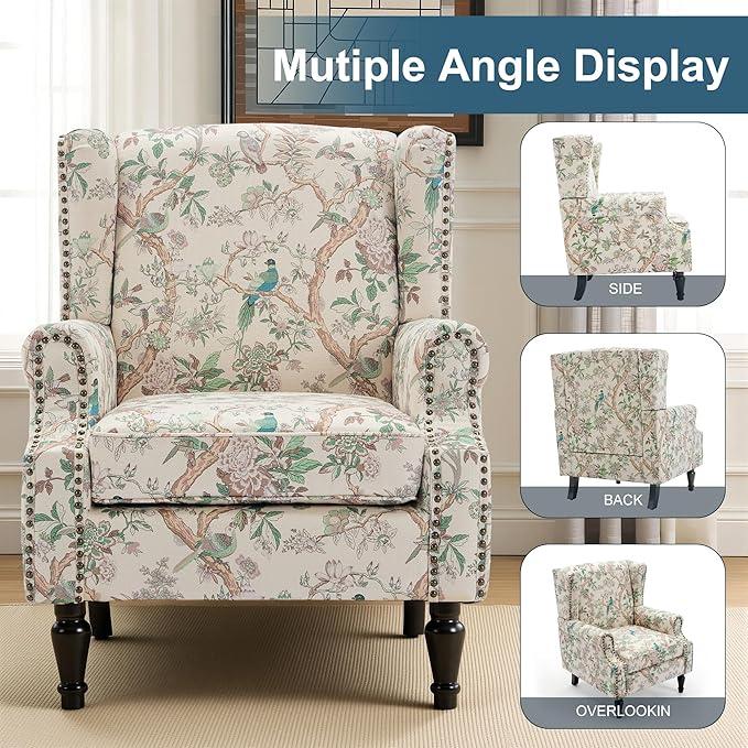 Wingback Chair, High Back Floral Accent Chair in Fabric, Comfy Upholstered Armchair with Nailhead Trim for Living Room, Single Sofa Reading Chair for Small Spaces, Bedroom-Bird