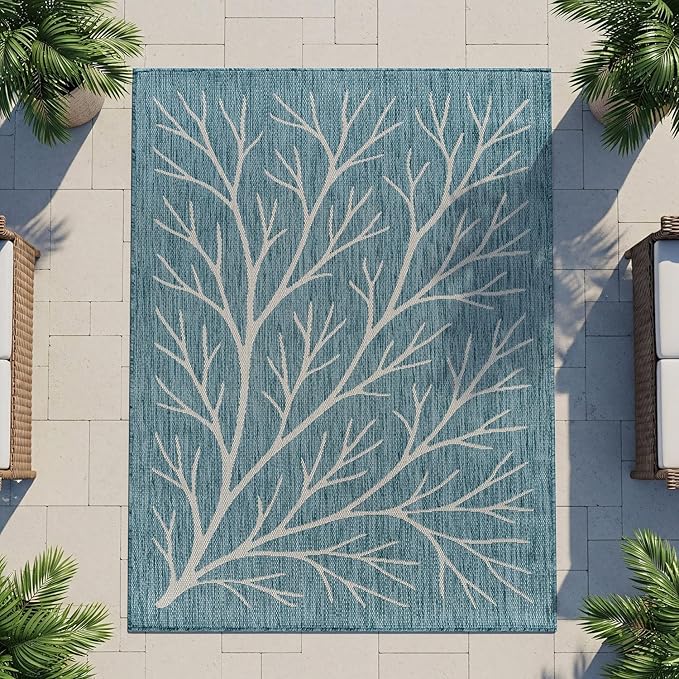 Washable Indoor Outdoor Rug 6x9 Modern Area Rugs Branch Pattern Non Shedding Waterproof Easy Clean Patio Deck Porch Living Room Bedroom Garden RV (6 X 9 Aqua)