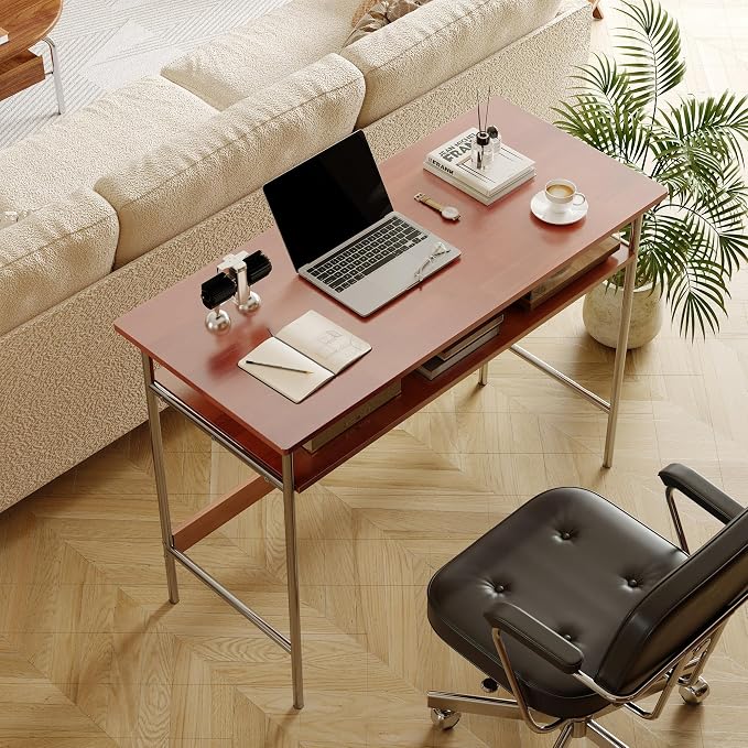 100% Solid Wood Desk, 39 Inch Writing Computer Desk for Small Spaces, Vintage Home Office Desks, Mid Century Modern Desks with Thickened Stainless Steel Legs for Study, Makeup & Workstation (Cherry)