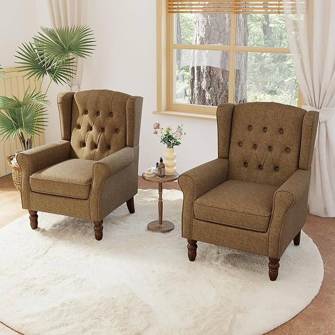 Accent Chairs Set of 2, High Back Upholstered Chair with Button Tufted, Mid-Century Modern Comfy Wingback Chair Reading Armchair in Fabric for Living Room for Bedroom, Office-Brown